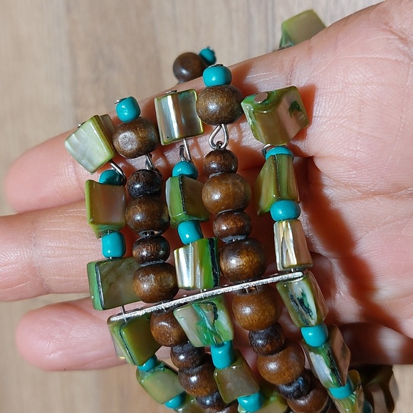 Green Brown MOP Shell and Wood Beaded Wires Wide Cuff Bracelet - Picture 4 of 6